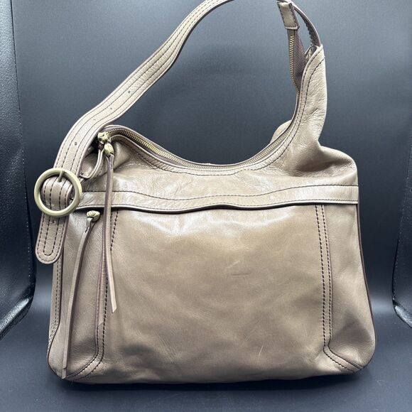 HOBO Fortune Large Brown Smooth Hide Leather Shoulder Handbag, Beige/Taupe - Picture 1 of 11